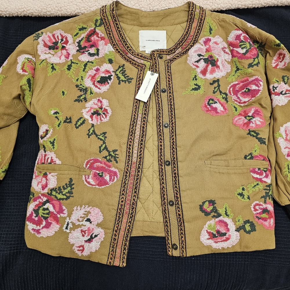 ANTHROPOLOGIE NWR Camo Embroidered Bomber Jacket